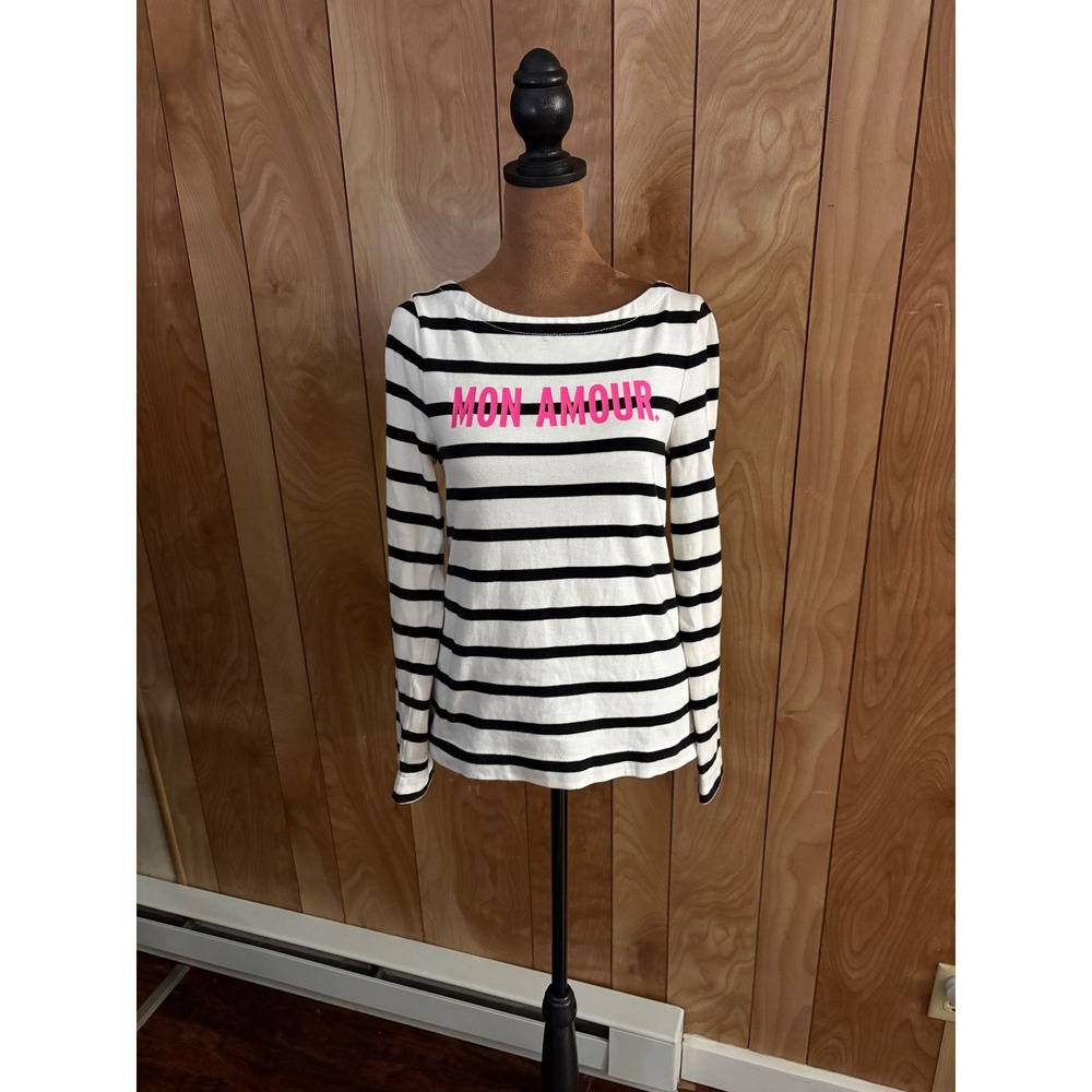 Kate Spade Mon Amour Striped Long Sleeve Tee Black White Pink Small